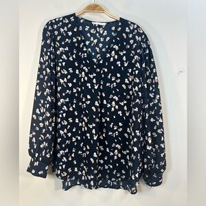 EUC Lush Floral Blouse Sz 1X Navy Taupe Ivory Floral Balloon Sleeve Career